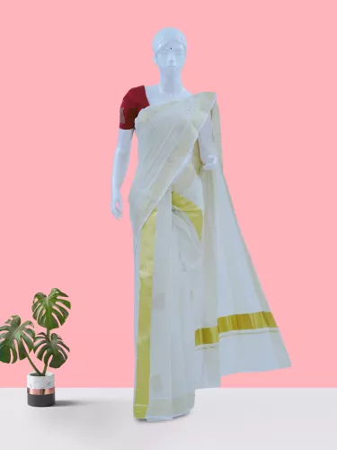 Kerala Kasavu Saree floral design with blouse – Sigeeka.com