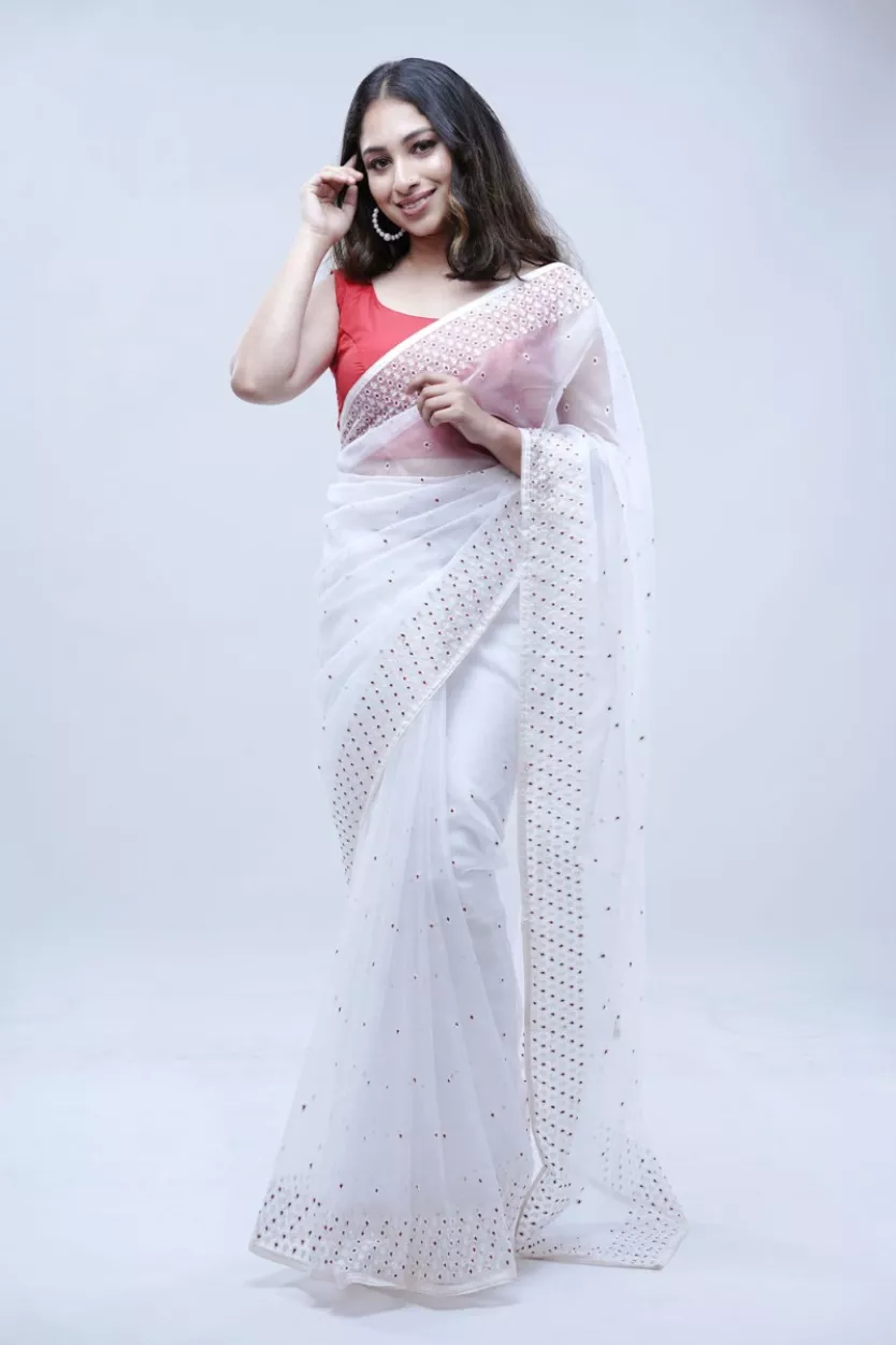 Cream Color Organza Embroidered Saree