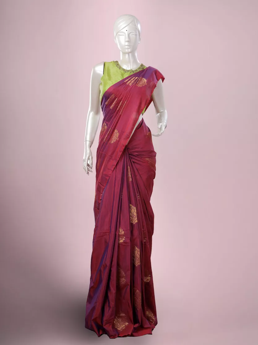 Peach with Magenta Semi - Silk Saree