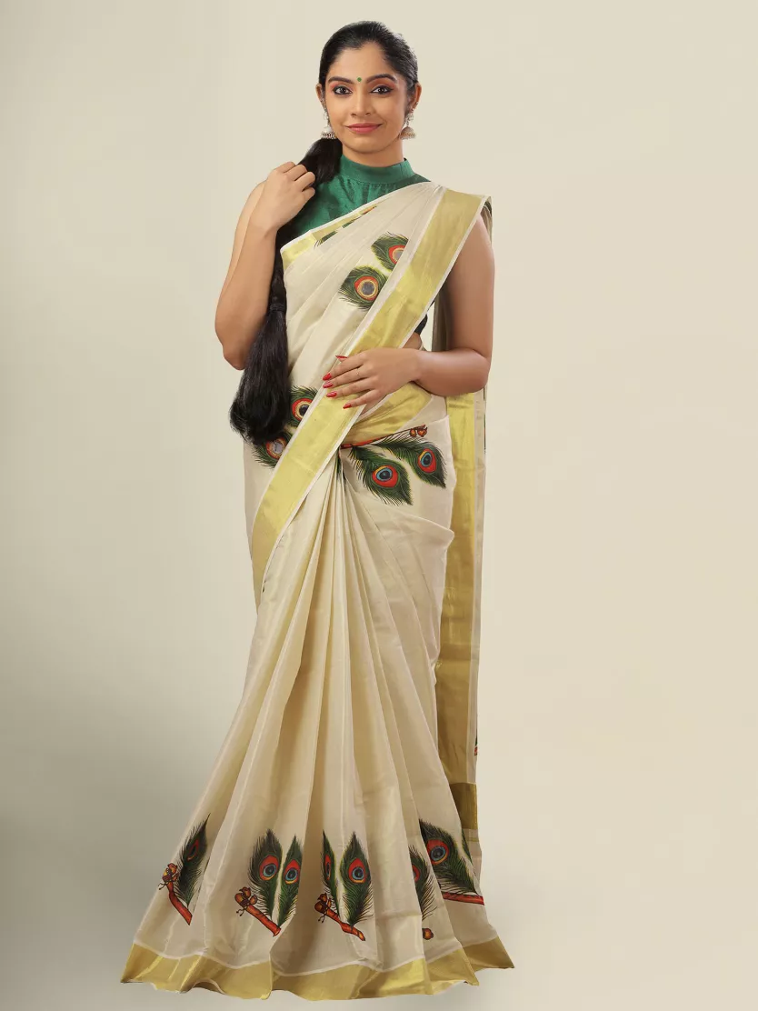 Golden Saree With Blue Border: Buy Tissue Sarees Online At Soch