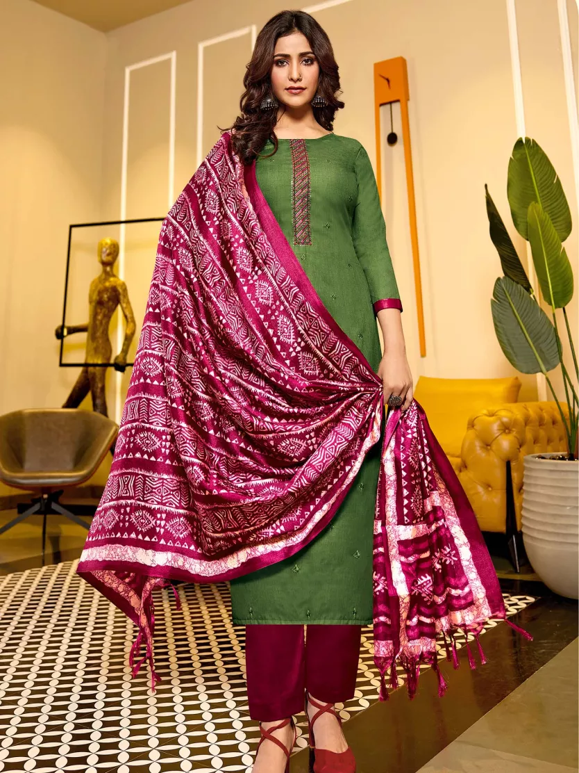 Gorgeous Festive Wear Mehendi Green Color Embroidered Viscose Fabric  Straight Cut Salwar Suit