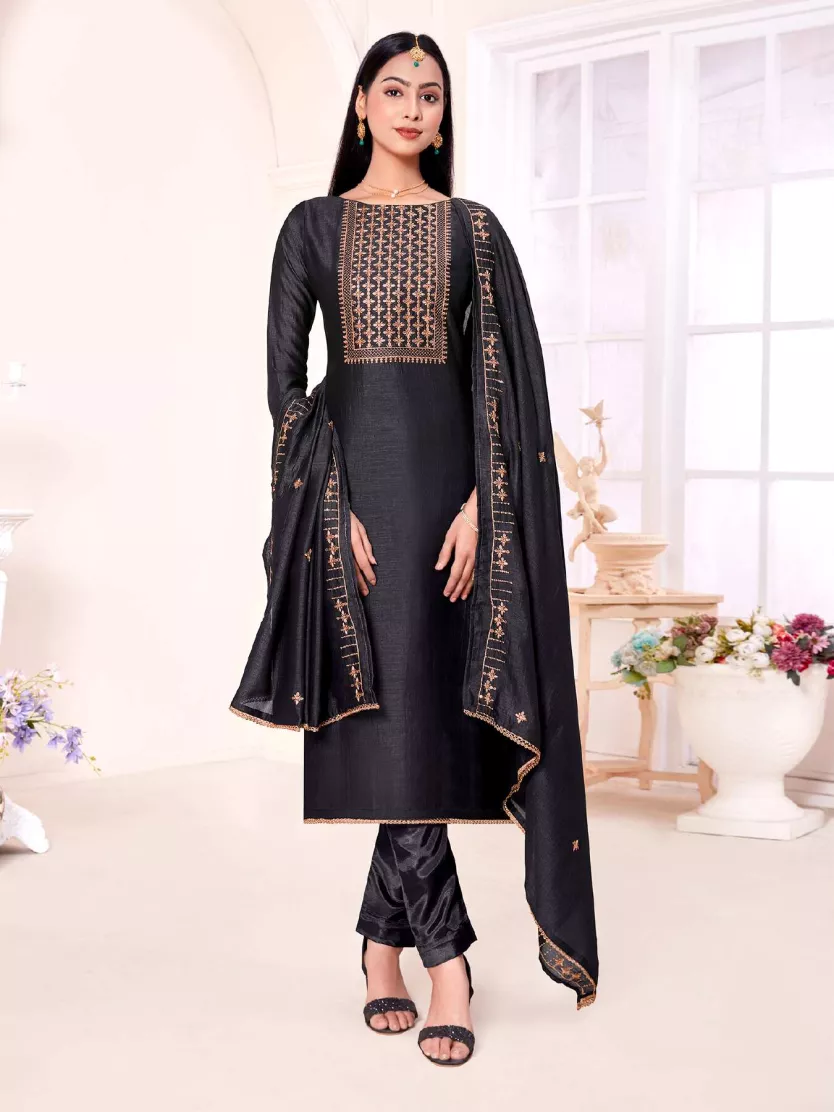 Black Colour With Copper Embroidery And Sequence Work Churidhar Material. Jolly Silks The Destination Of Silks Online shopping site Jolly Silks