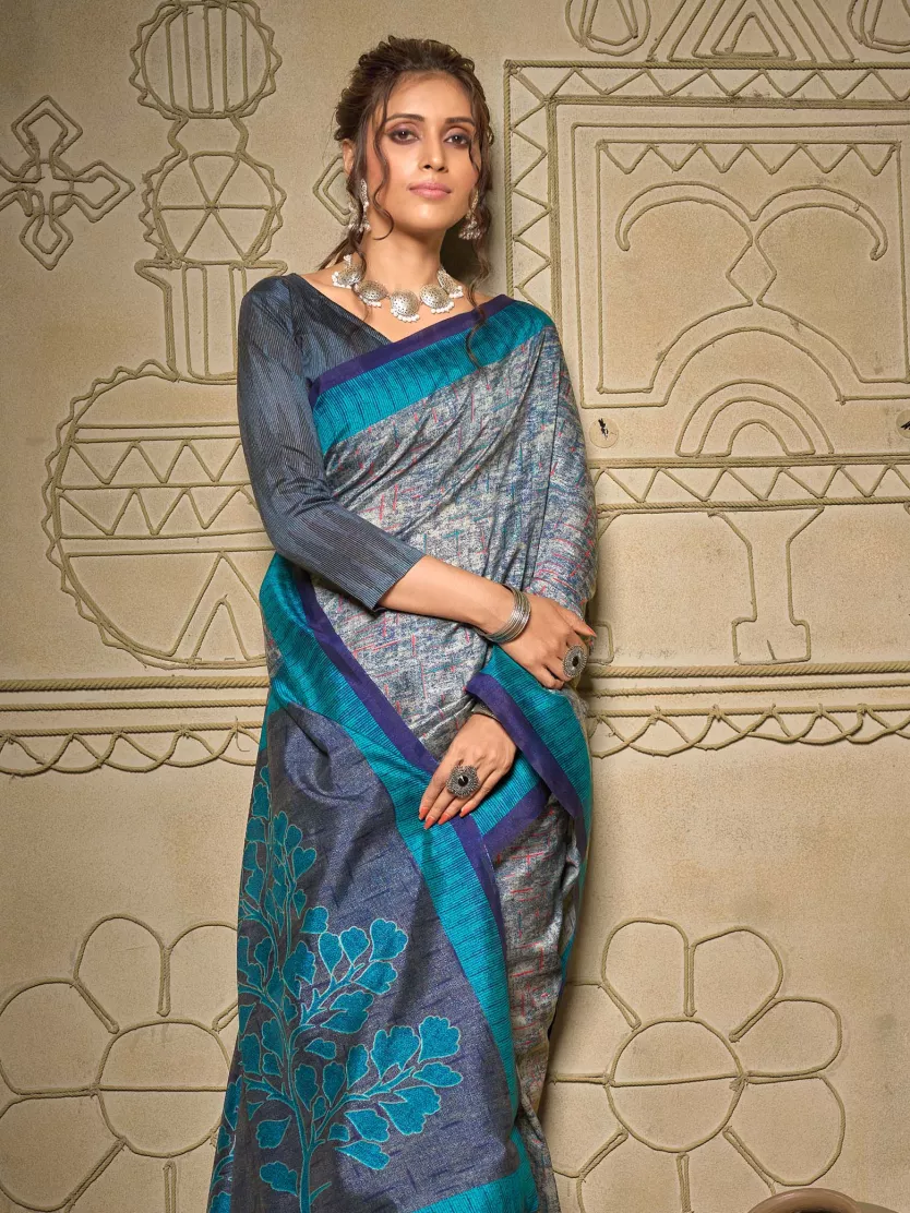 Light grey plain design Bengal cotton saree, contrast border of paisley  creeper & pallu of stripes