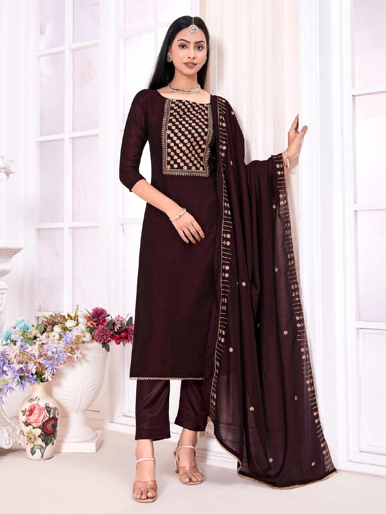 Dark Grape Wine Colour With Beautiful Copper Embroidery And Sequence Work Churidhar Material. Jolly Silks The Destination Of Silks Online shopping site Jolly Silks