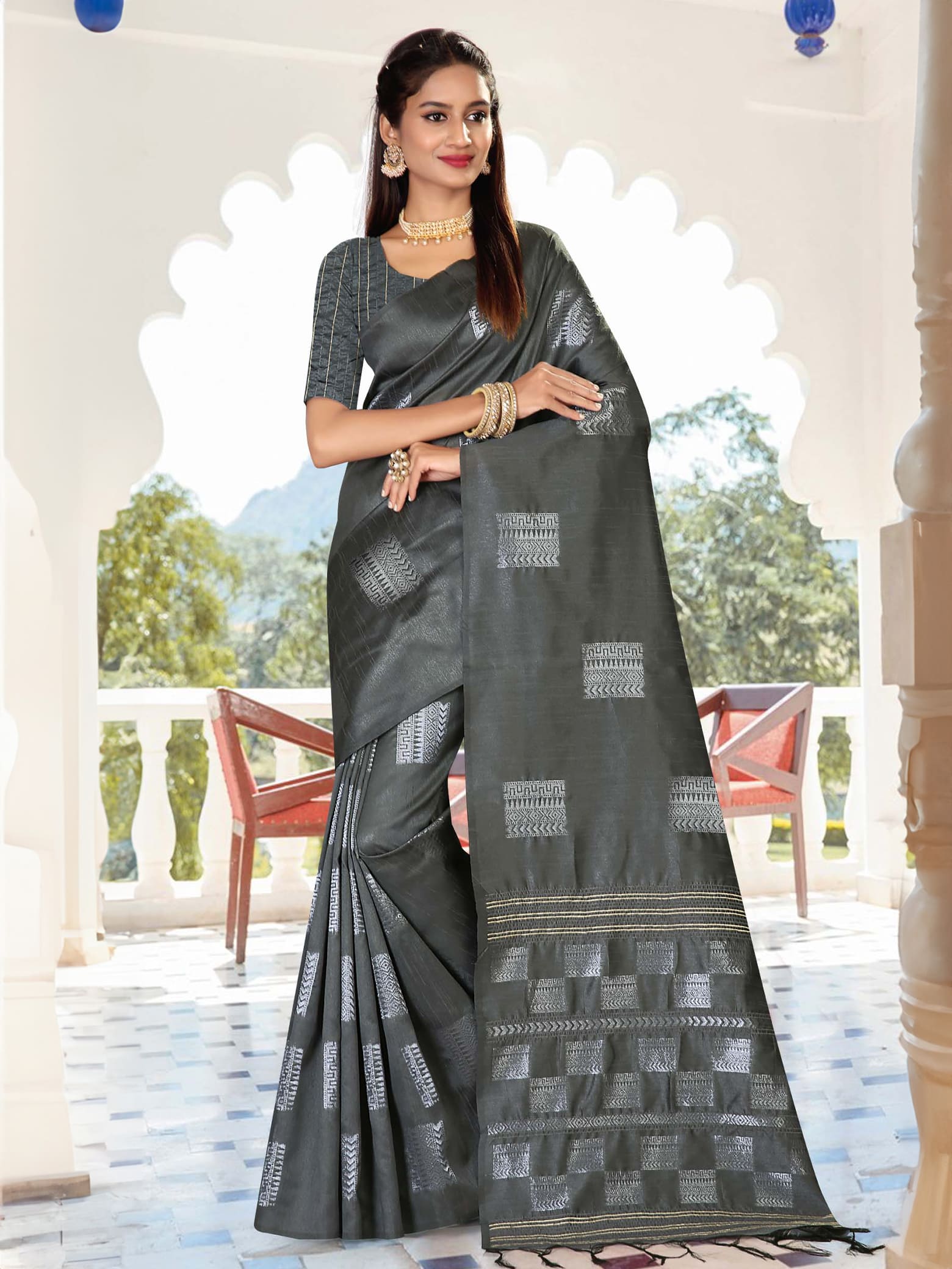 Grey & Black Mangalgiri Cotton Saree – rangoutlet.com