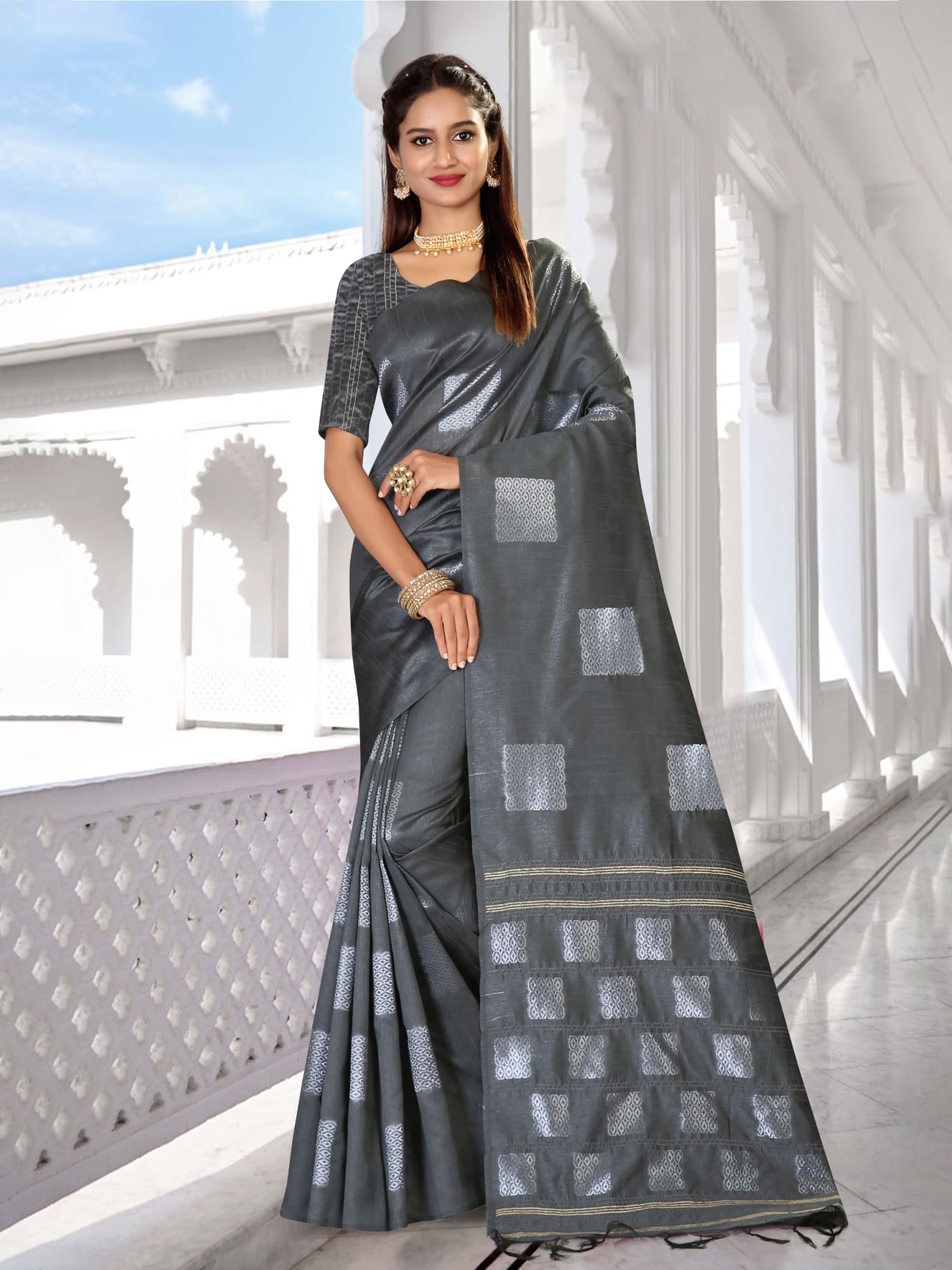 Grey Color Banarasi Cotton Silk Zari Pallu Saree With Running Blouse –  fab-persona